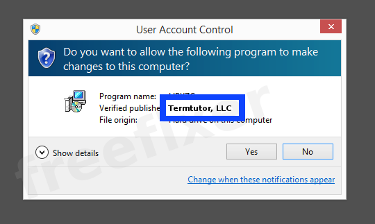 Screenshot where Termtutor, LLC appears as the verified publisher in the UAC dialog
